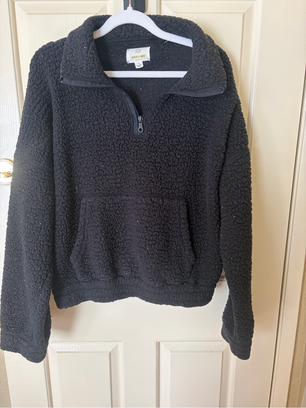 Aerie - American Eagle : Black Sherpa Quarter-Zip Teddy Pullover